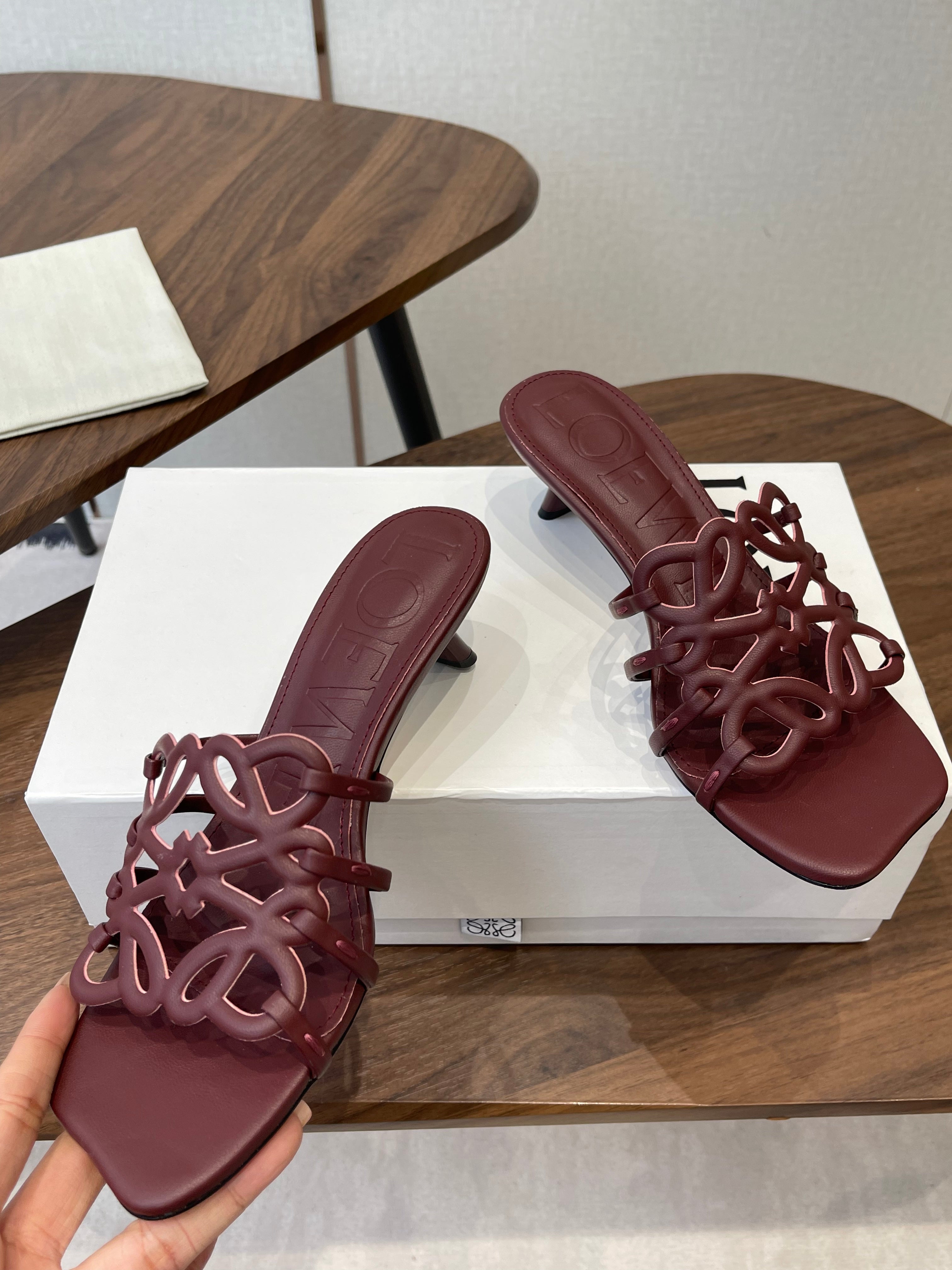 LOEWE 26S HIGH HEEL SANDALS IN WINE RED CALFSKIN
