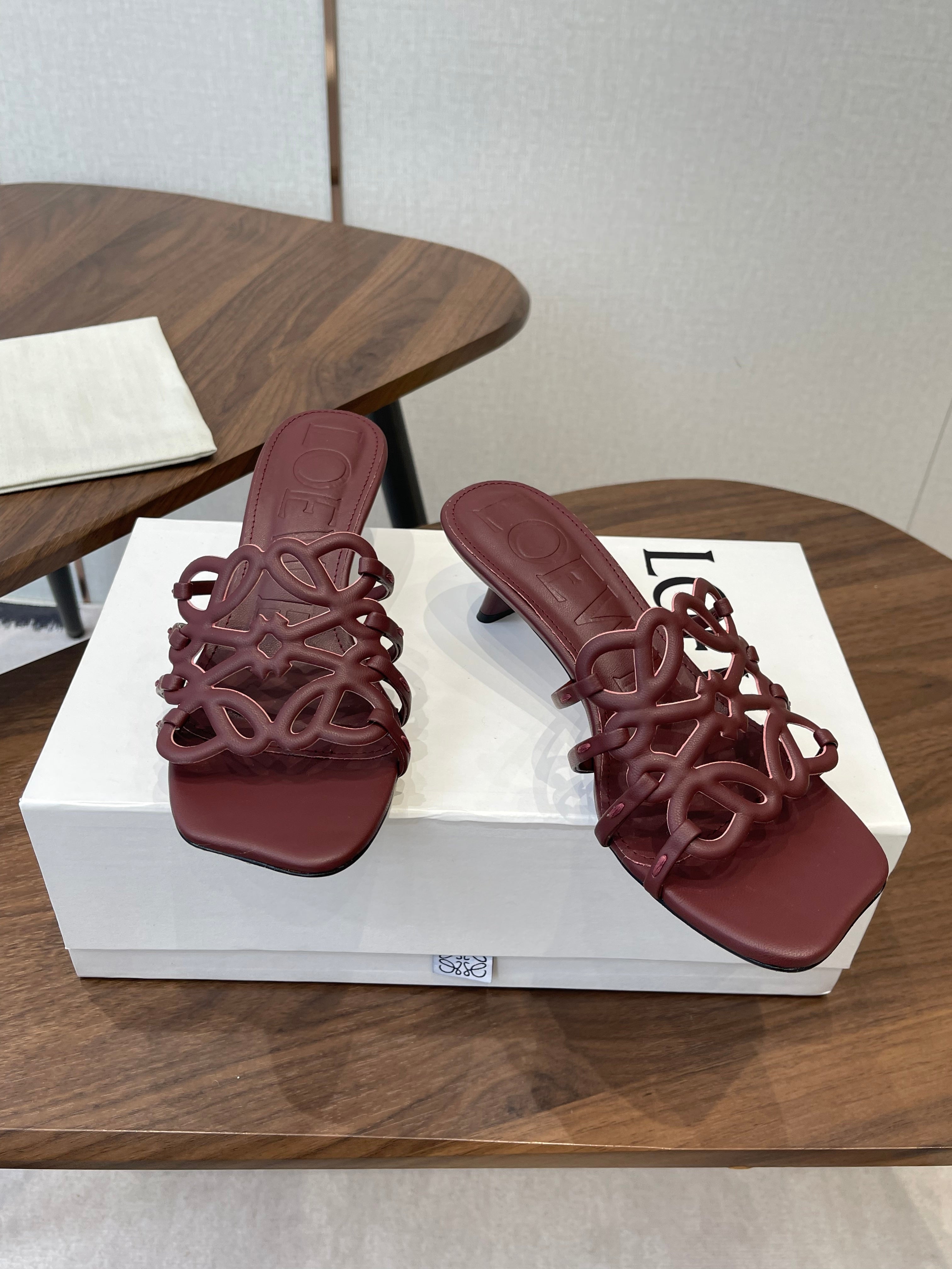 LOEWE 26S HIGH HEEL SANDALS IN WINE RED CALFSKIN