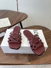 LOEWE 26S PETAL ANAGRAM SLIDE IN WINE RED CALFSKIN