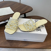 LOEWE 26S HIGH HEEL SANDALS IN LIGHT YELLOW CALFSKIN WITH CRYSTALS