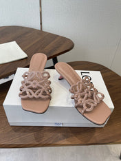 LOEWE 26S HIGH HEEL SANDALS IN TAUPE BROWN CALFSKIN WITH CRYSTALS
