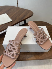 LOEWE 26S HIGH HEEL SANDALS IN TAUPE BROWN CALFSKIN WITH CRYSTALS