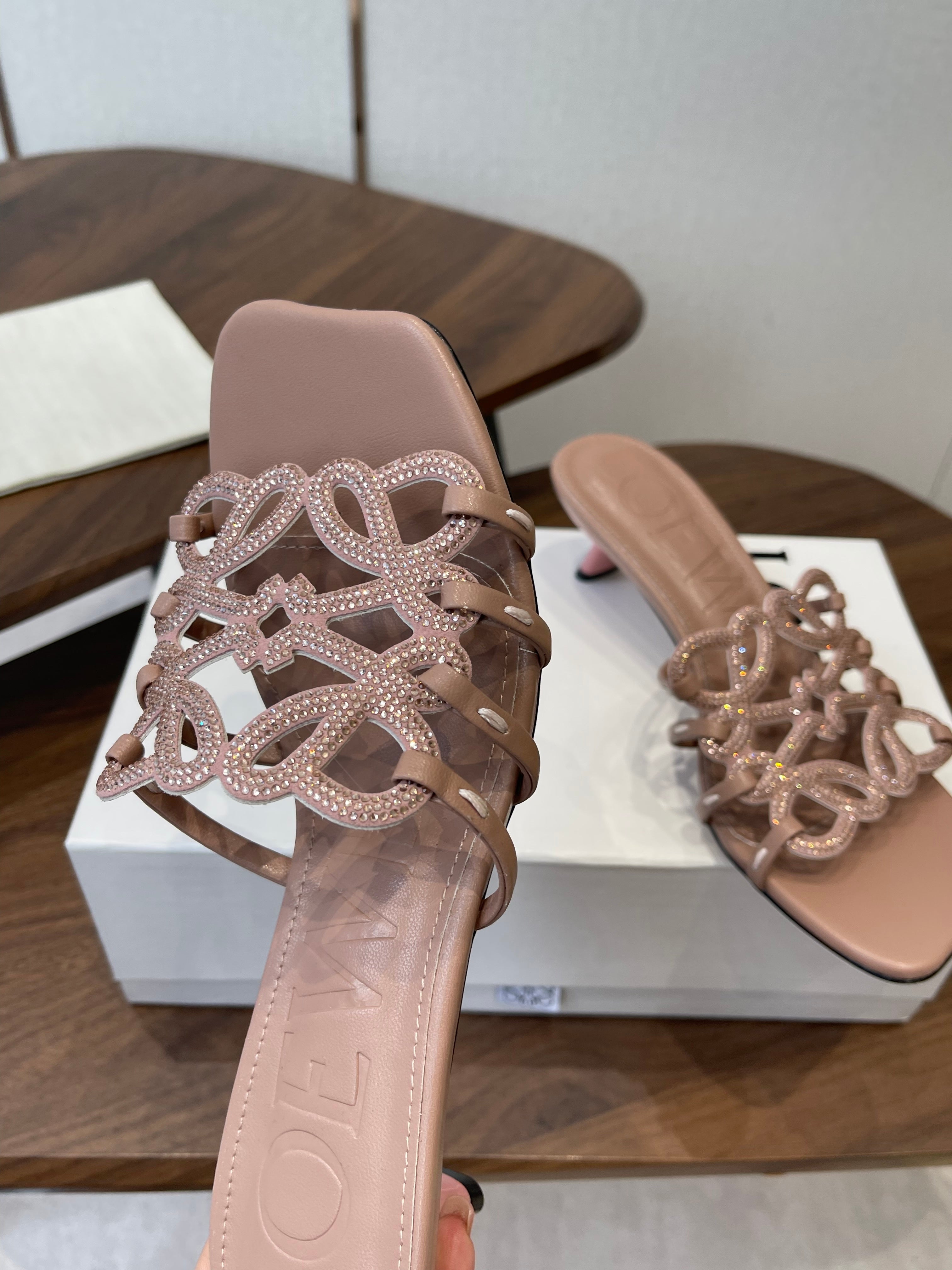 LOEWE 26S HIGH HEEL SANDALS IN TAUPE BROWN CALFSKIN WITH CRYSTALS