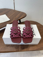 LOEWE 26S HIGH HEEL SANDALS IN WINE RED CALFSKIN WITH CRYSTALS