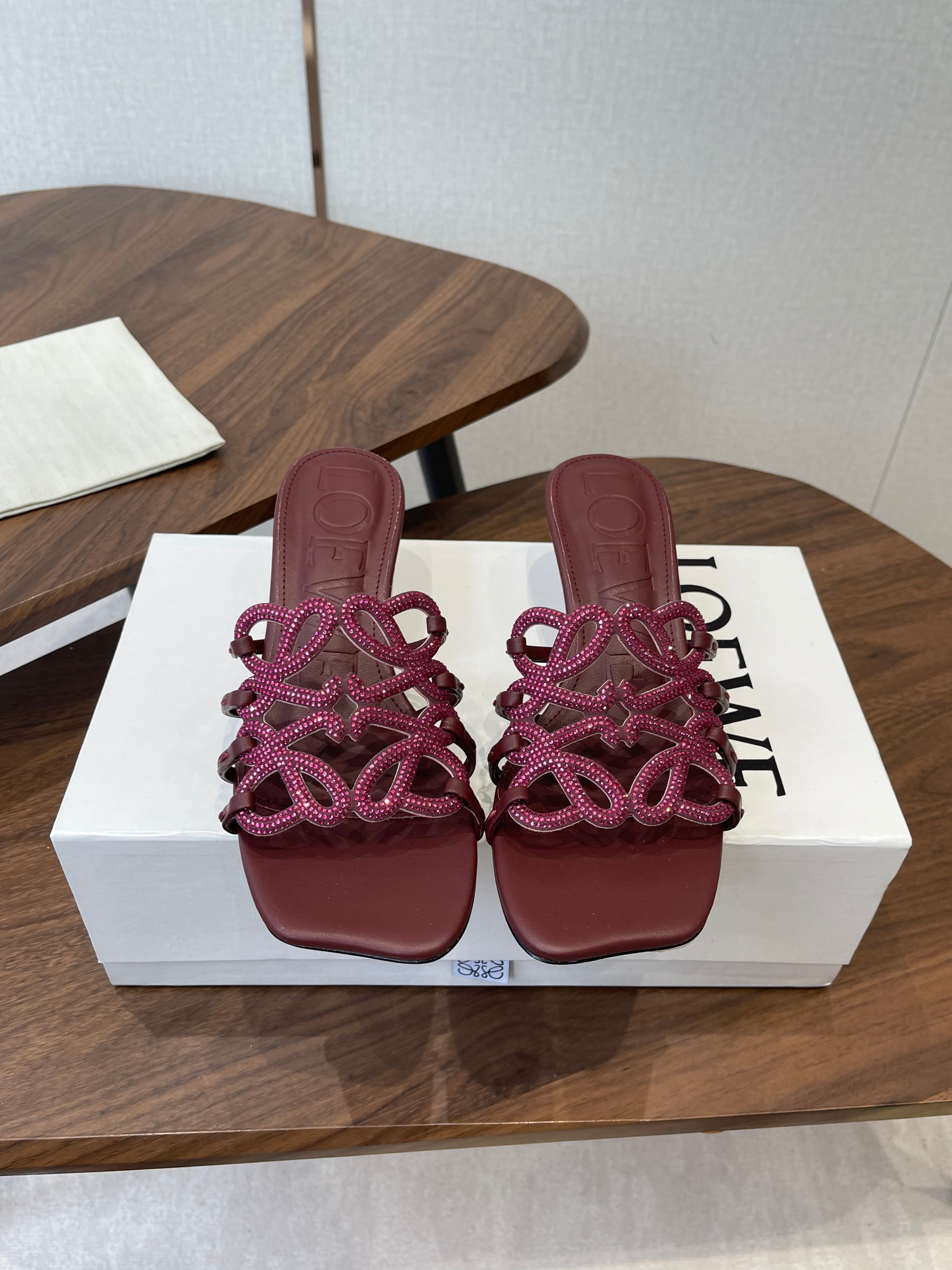 LOEWE 26S HIGH HEEL SANDALS IN WINE RED CALFSKIN WITH CRYSTALS