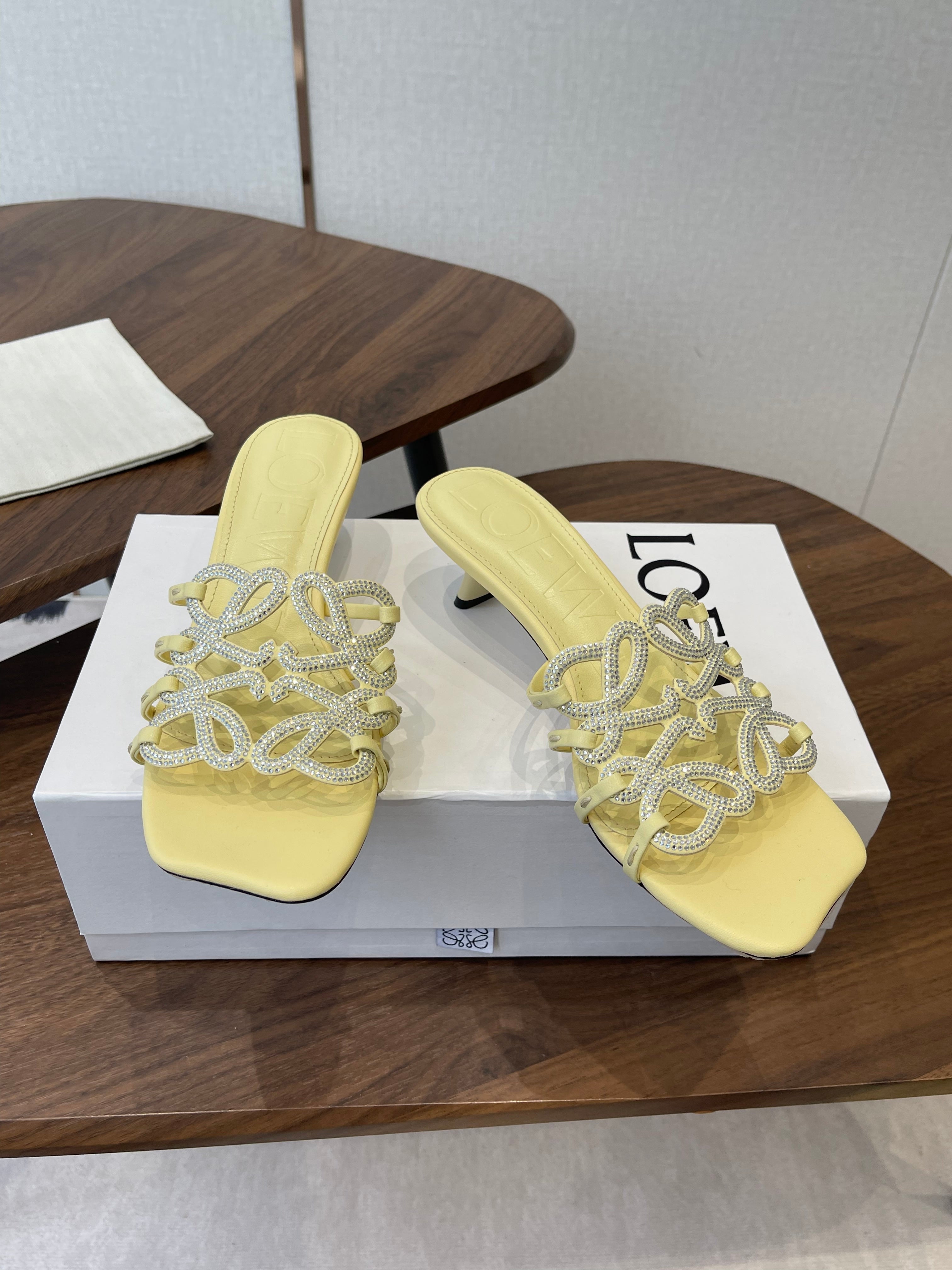 LOEWE 26S HIGH HEEL SANDALS IN BUTTER YELLOW CALFSKIN WITH CRYSTALS