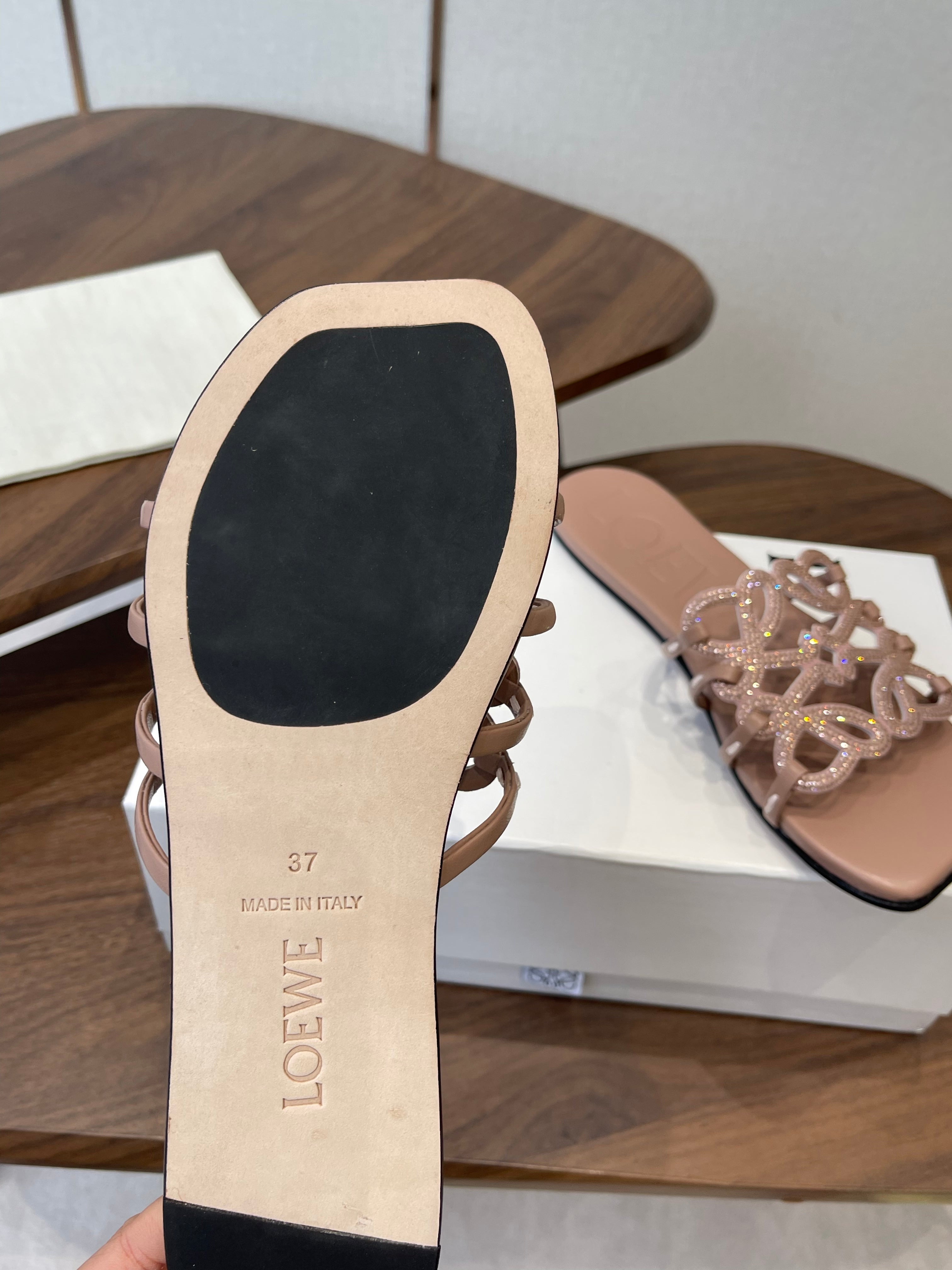 LOEWE 26S PETAL ANAGRAM SLIDE IN TAUPE BROWN CALFSKIN WITH CRYSTALS