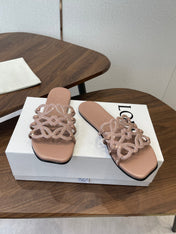 LOEWE 26S PETAL ANAGRAM SLIDE IN TAUPE BROWN CALFSKIN WITH CRYSTALS