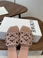 LOEWE 26S PETAL ANAGRAM SLIDE IN TAUPE BROWN CALFSKIN WITH CRYSTALS