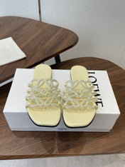 LOEWE 26S FLAT SANDALS IN LIGHT YELLOW CALFSKIN WITH CRYSTALS