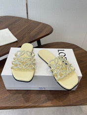 LOEWE 26S FLAT SANDALS IN LIGHT YELLOW CALFSKIN WITH CRYSTALS
