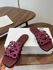 LOEWE 26S FLAT SANDALS IN WINE RED CALFSKIN WITH CRYSTALS