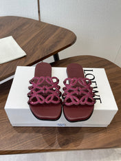 LOEWE 26S FLAT SANDALS IN WINE RED CALFSKIN WITH CRYSTALS