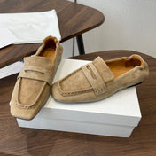 THE ROW 26S SQUARE TOE LOAFERS IN BEIGE SUEDE