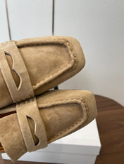 THE ROW 26S SQUARE TOE LOAFERS IN BEIGE SUEDE