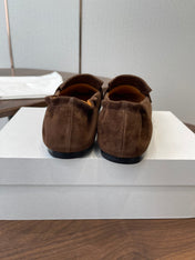 THE ROW 26S SQUARE TOE LOAFERS IN DARK BROWN SUEDE