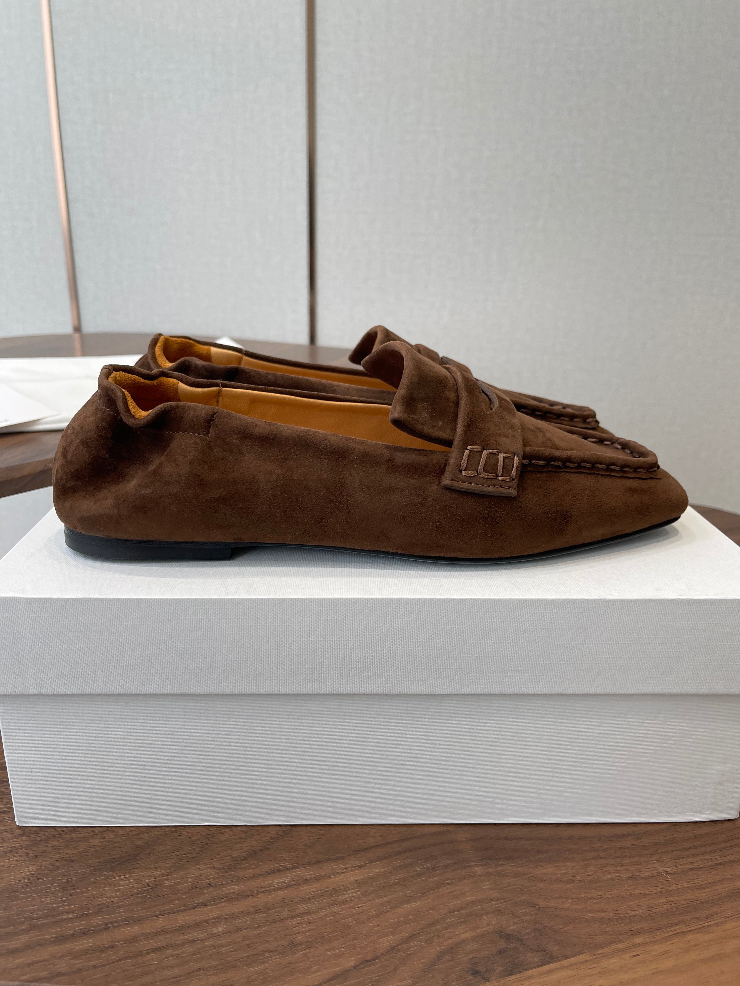 THE ROW 26S SQUARE TOE LOAFERS IN DARK BROWN SUEDE