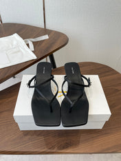 THE ROW 26S SQUARE TOE THONG HEELS IN BLACK CALFSKIN