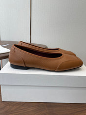 THE ROW 26S SQUARE TOE  BALLET FLATS IN CARAMEL BROWN CALFSKIN