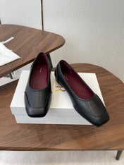 THE ROW 26S SQUARE TOE  BALLET FLATS IN BLACK CALFSKIN