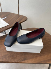 THE ROW 26S SQUARE TOE  BALLET FLATS IN BLUE BLACK CALFSKIN