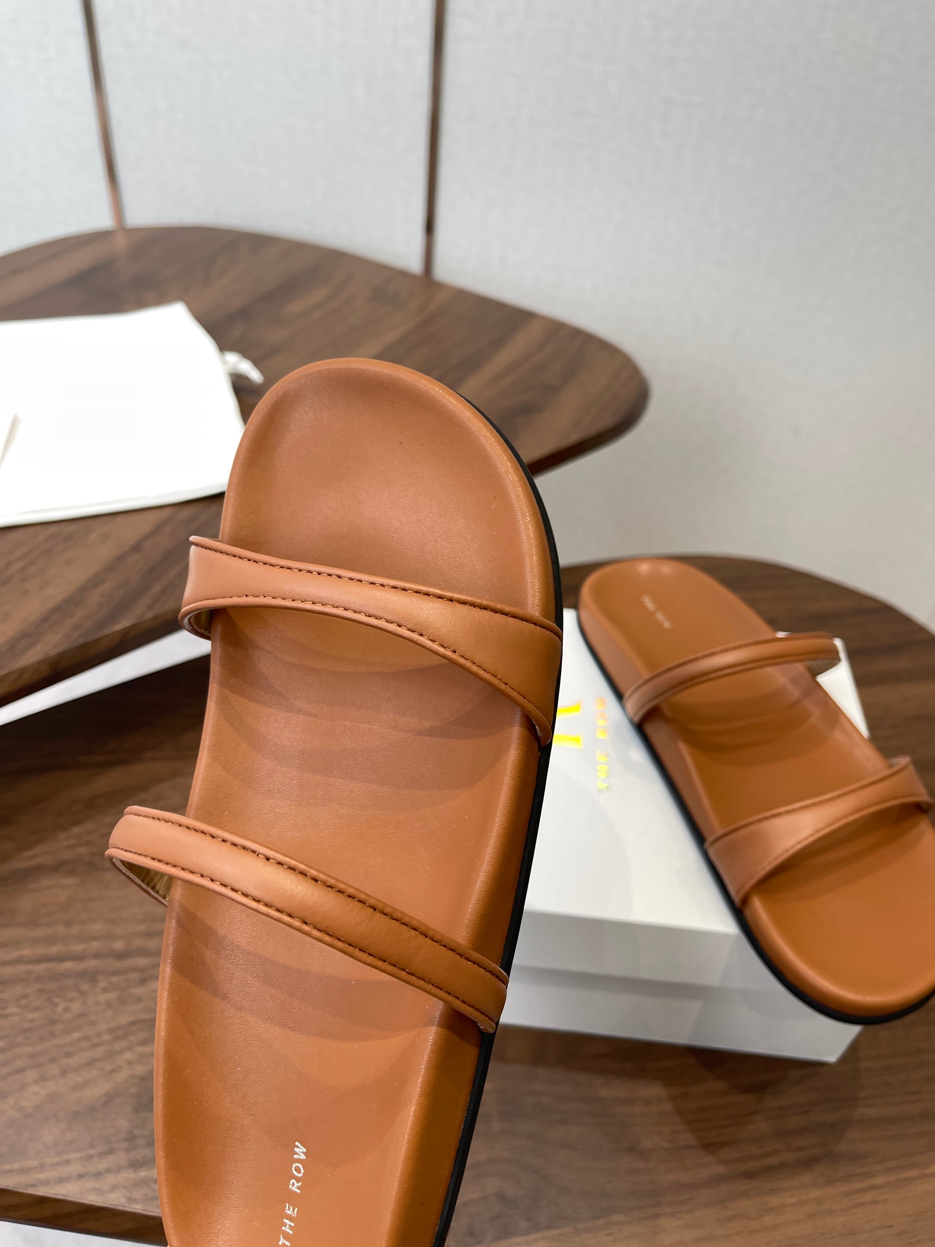 THE ROW 26S DOUBLE STRAP FLAT SANDALS IN CARAMEL BROWN CALFSKIN
