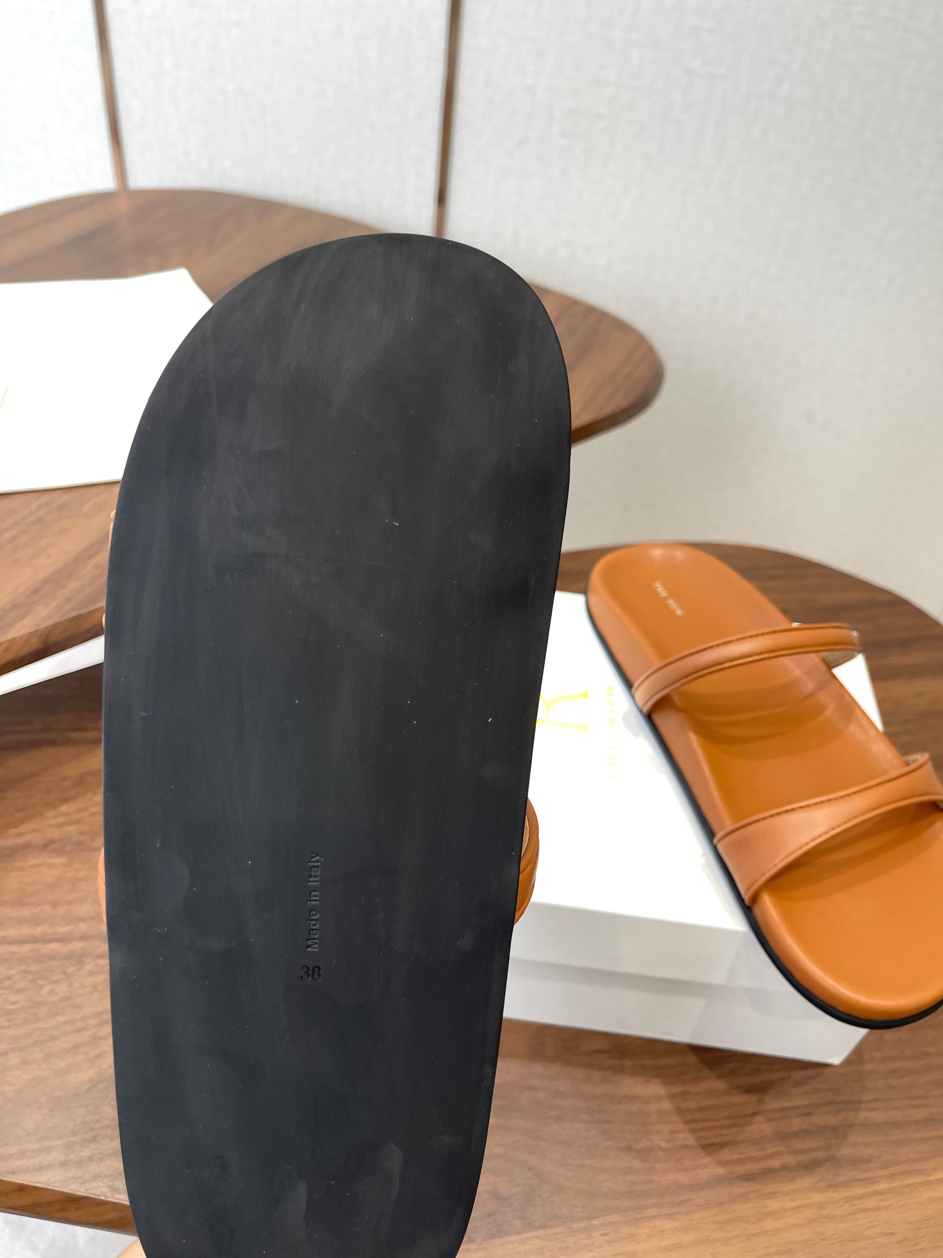 THE ROW 26S DOUBLE STRAP FLAT SANDALS IN CARAMEL BROWN CALFSKIN