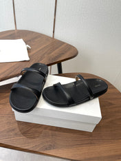 THE ROW 26S DOUBLE STRAP FLAT SANDALS IN BLACK CALFSKIN