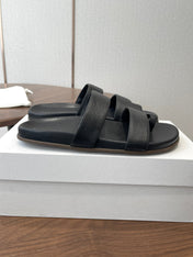 THE ROW 26S DOUBLE STRAP TOE LOOP SLIDE SANDALS IN BLACK CALFSKIN