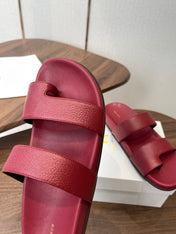 THE ROW 26S DOUBLE STRAP TOE LOOP SLIDE SANDALS IN DARK RED CALFSKIN