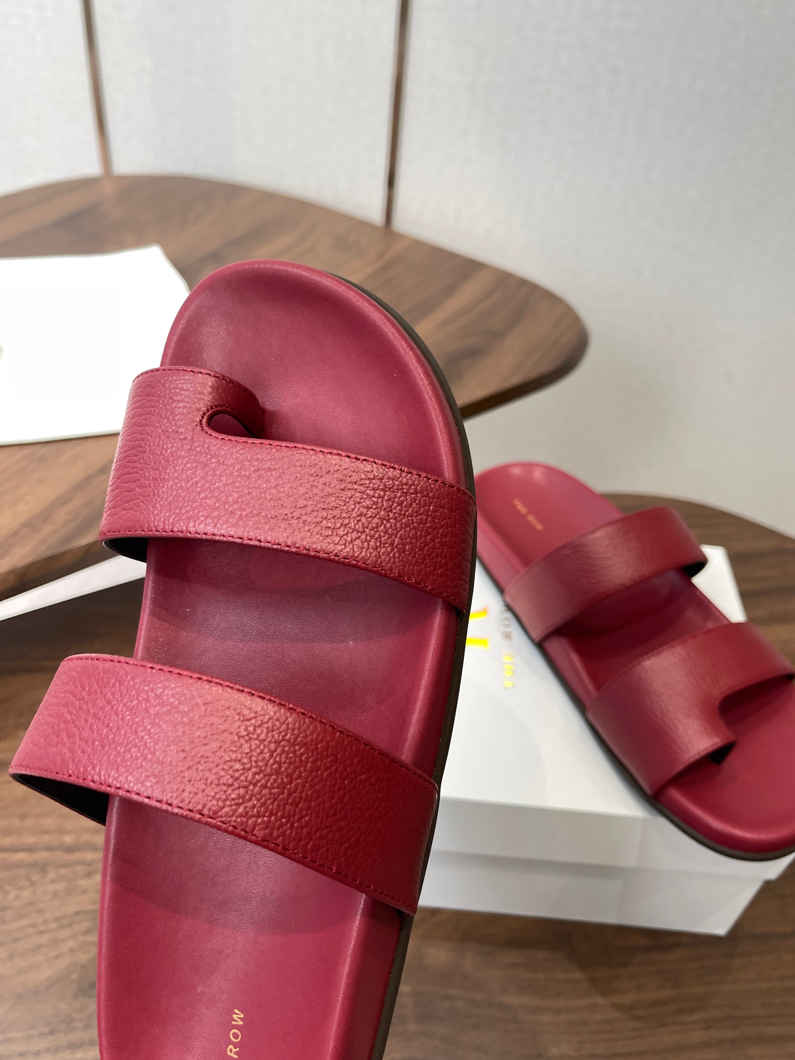 THE ROW 26S DOUBLE STRAP TOE LOOP SLIDE SANDALS IN DARK RED CALFSKIN