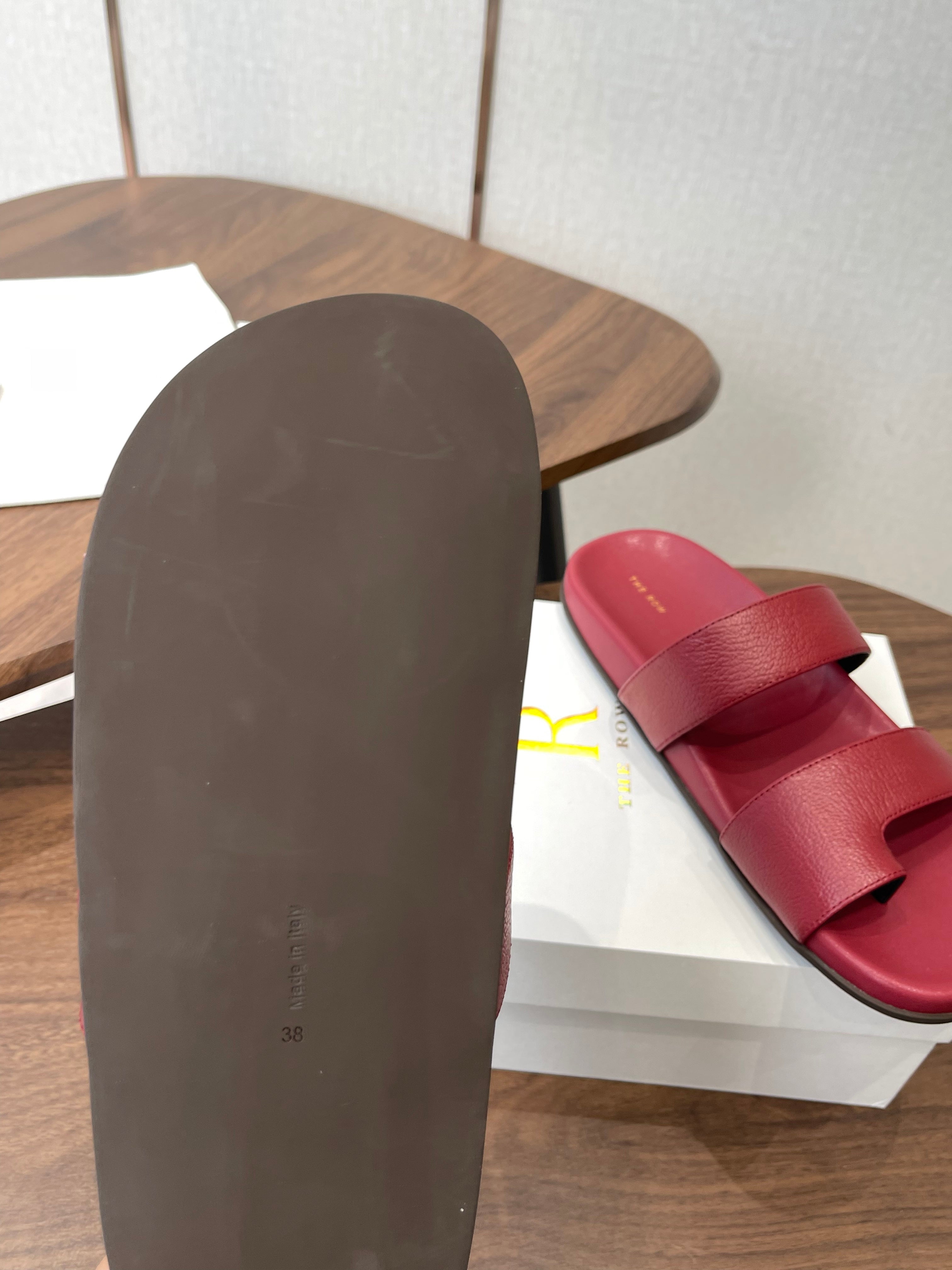 THE ROW 26S DOUBLE STRAP TOE LOOP SLIDE SANDALS IN DARK RED CALFSKIN