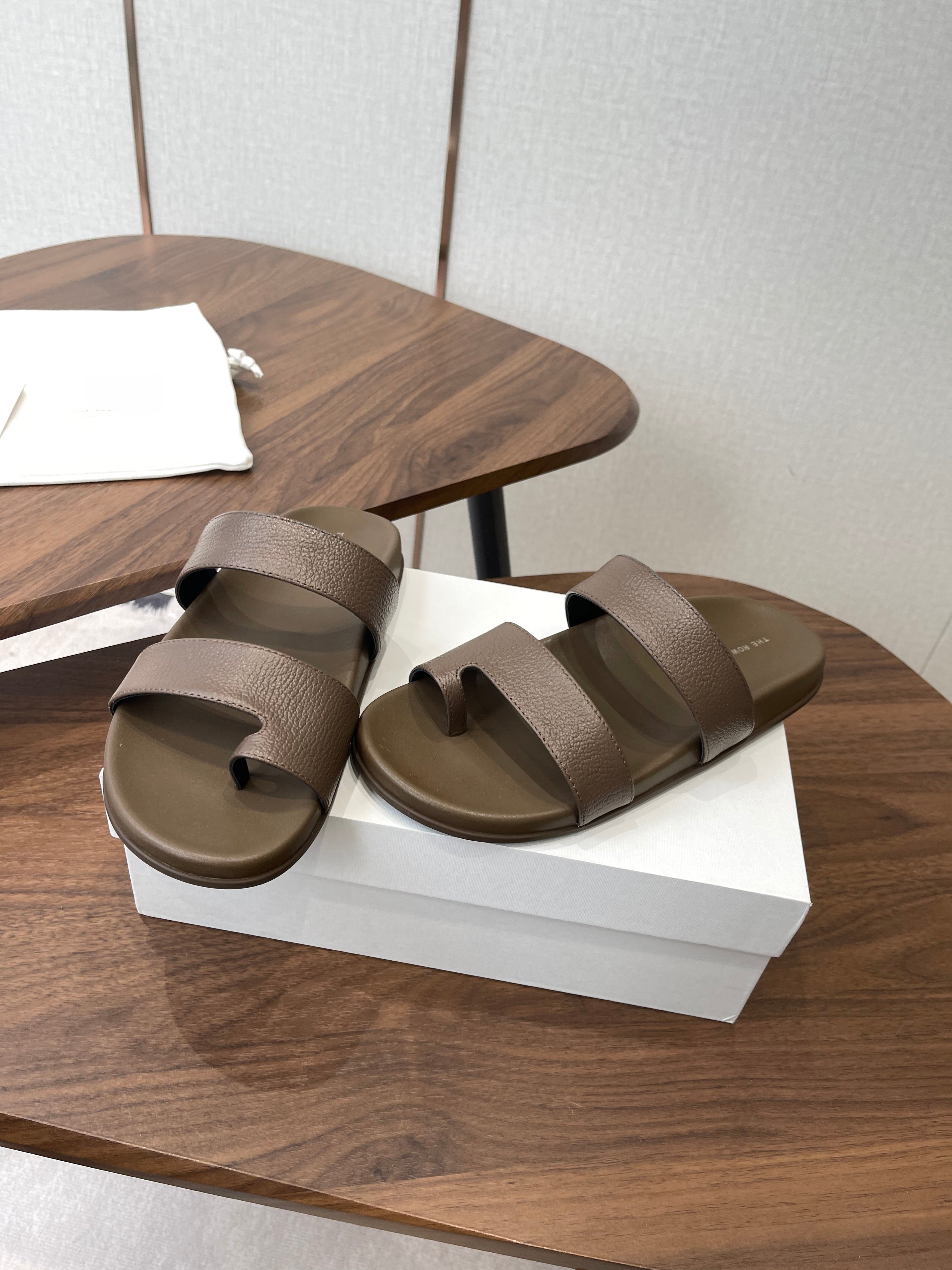 THE ROW 26S DOUBLE STRAP TOE LOOP SLIDE SANDALS IN BROWN CALFSKIN