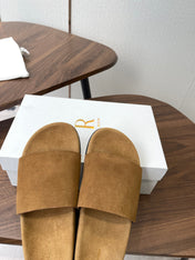 THE ROW 26S SLIDE SANDALS IN GOLD BROWN SUEDE