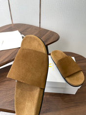 THE ROW 26S SLIDE SANDALS IN GOLD BROWN SUEDE