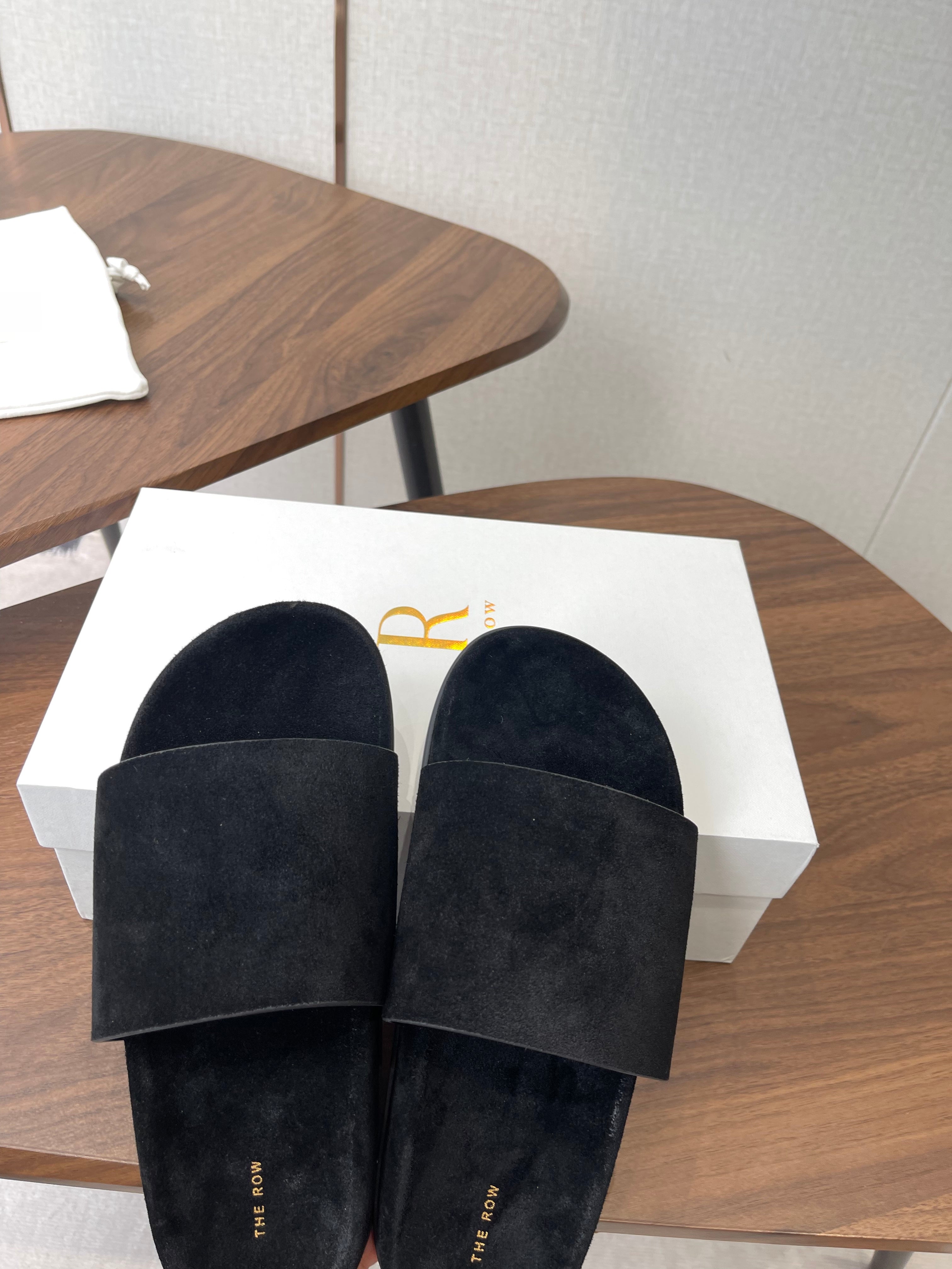 THE ROW 26S SLIDE SANDALS IN BLACK SUEDE