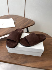 THE ROW 26S SLIDE SANDALS IN CHOCOLATE BROWN SUEDE