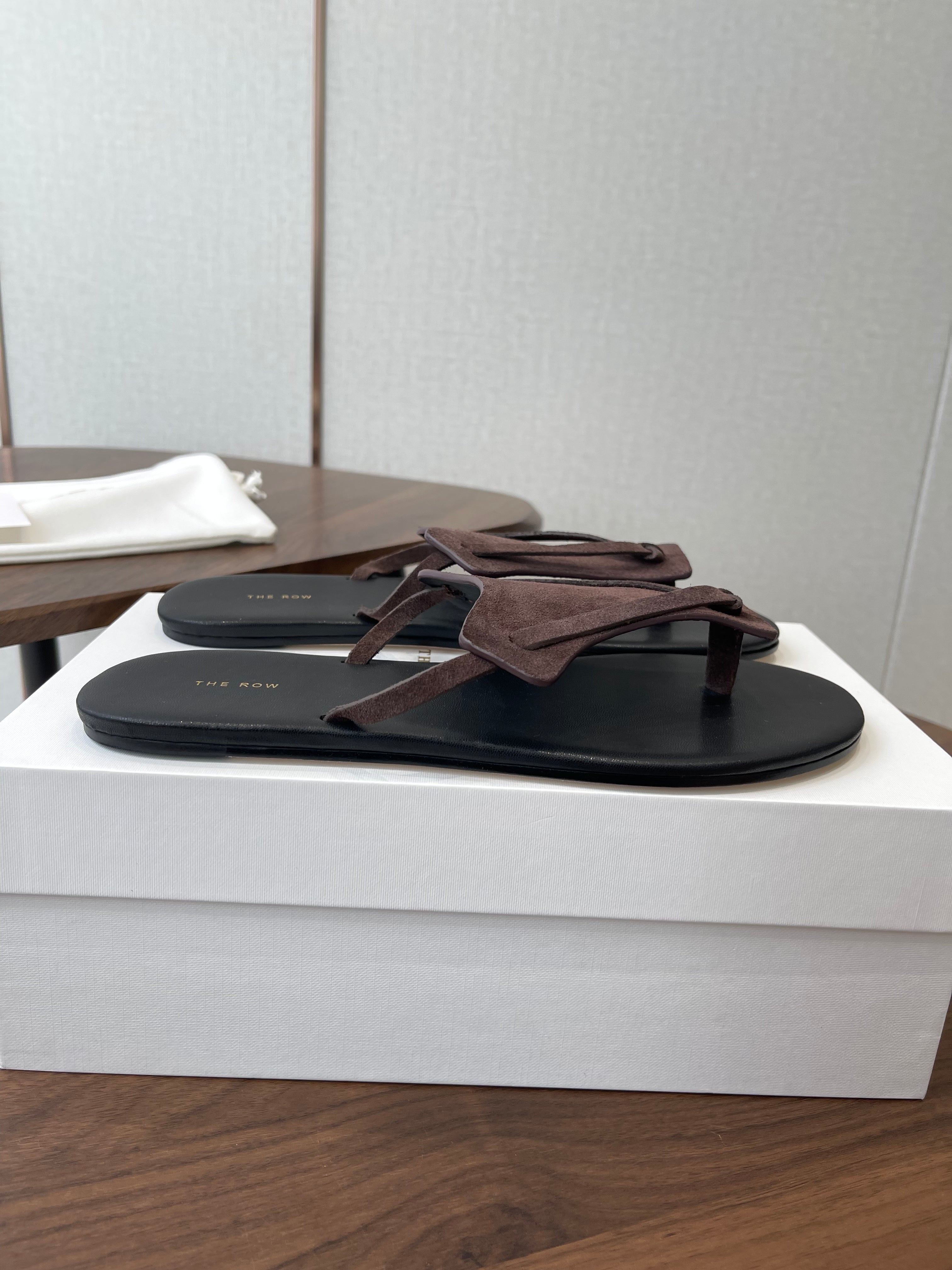 THE ROW 26S T STRAP THONG SANDALS IN CHOCOLATE BROWN SUEDE