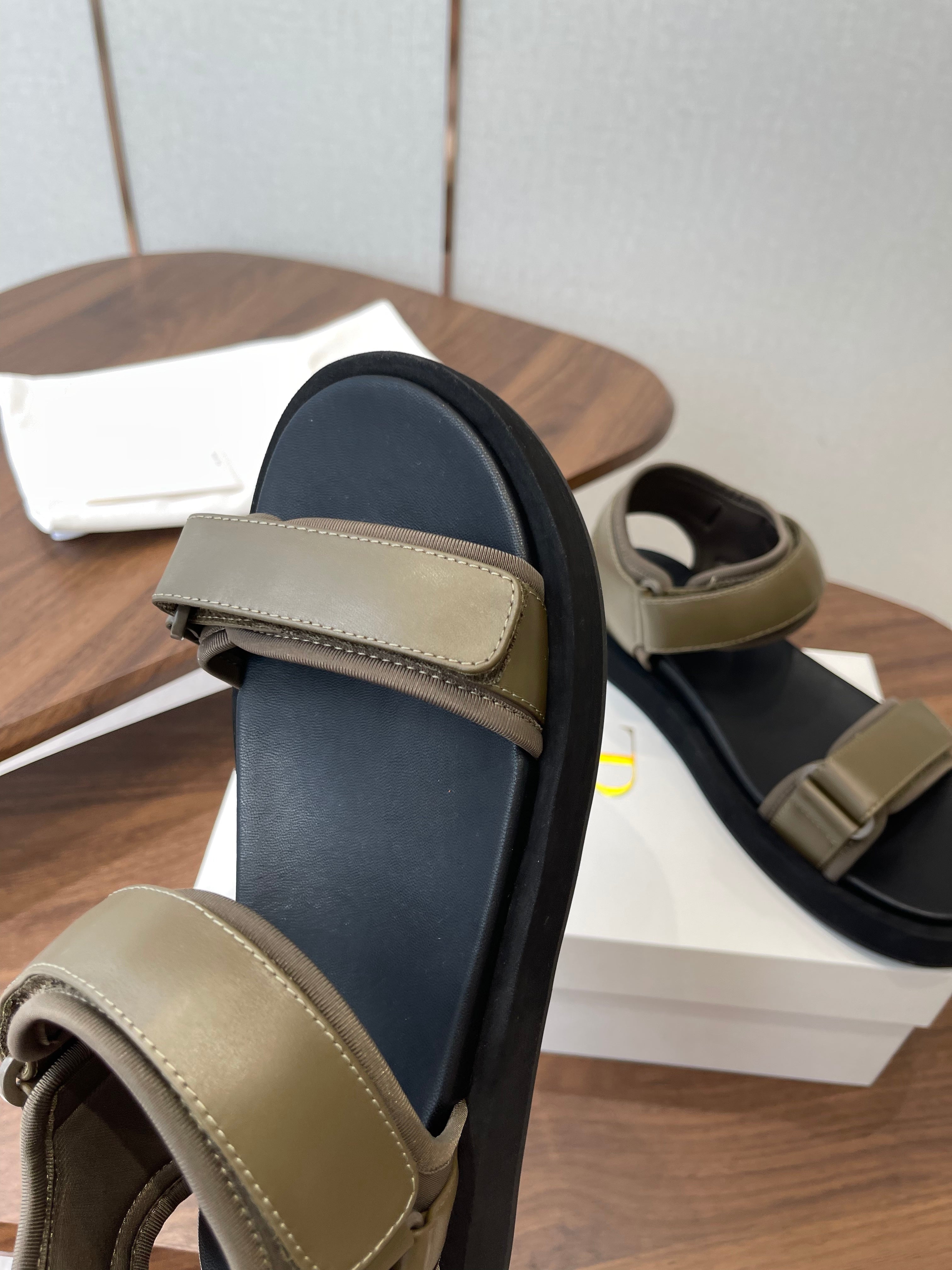 THE ROW 26S DOUBLE STRAP SANDALS IN OLIVE GREEN CALFSKIN