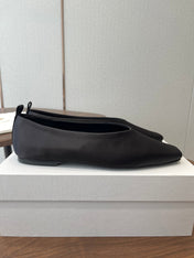 THE ROW 26S SQUARE TOE BALLET FLATS IN BLACK SATIN