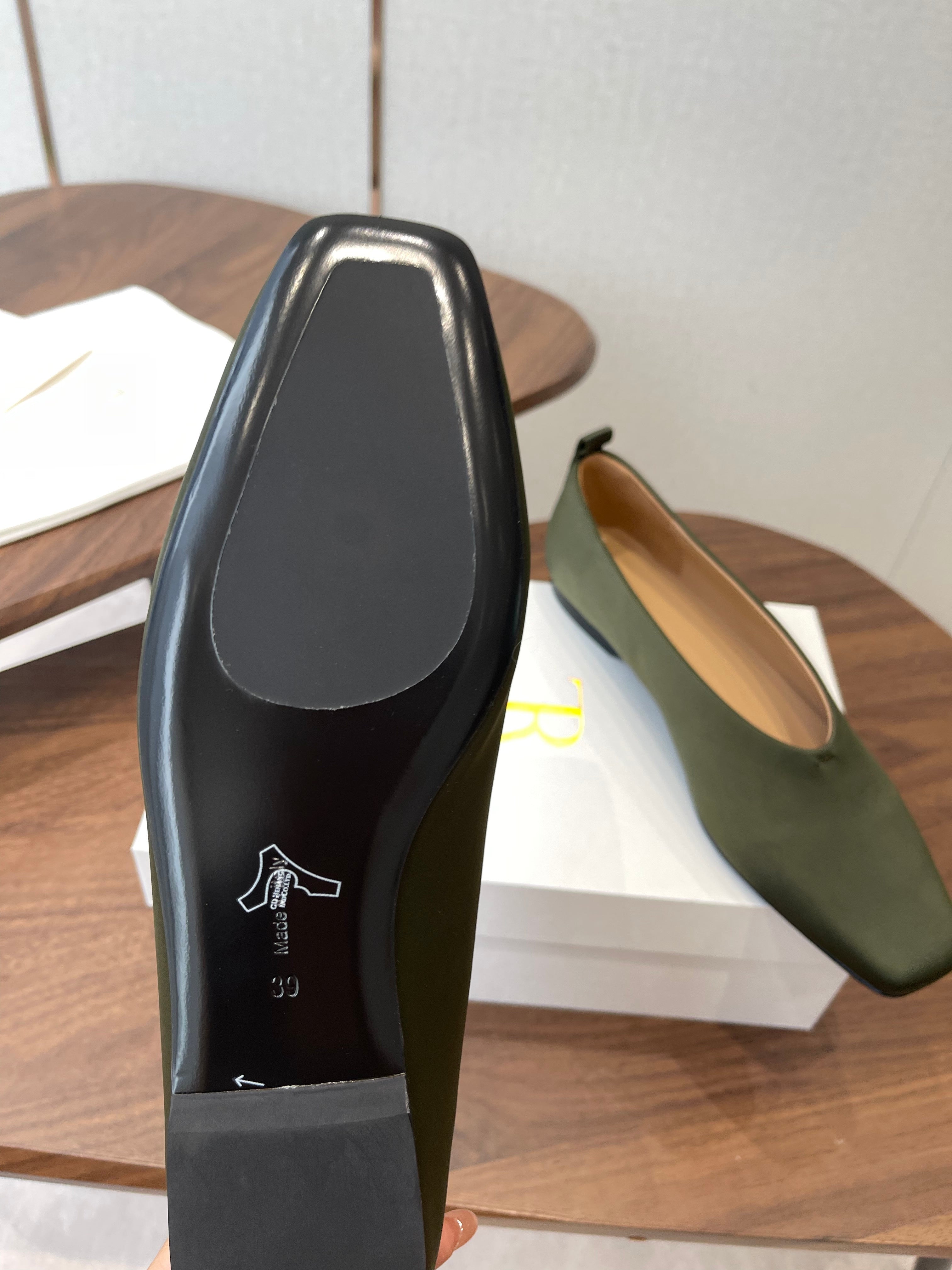 THE ROW 26S SQUARE TOE BALLET FLATS IN OLIVE GREEN SATIN