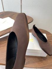 THE ROW 26S SQUARE TOE BALLET FLATS IN DARK BROWN SATIN