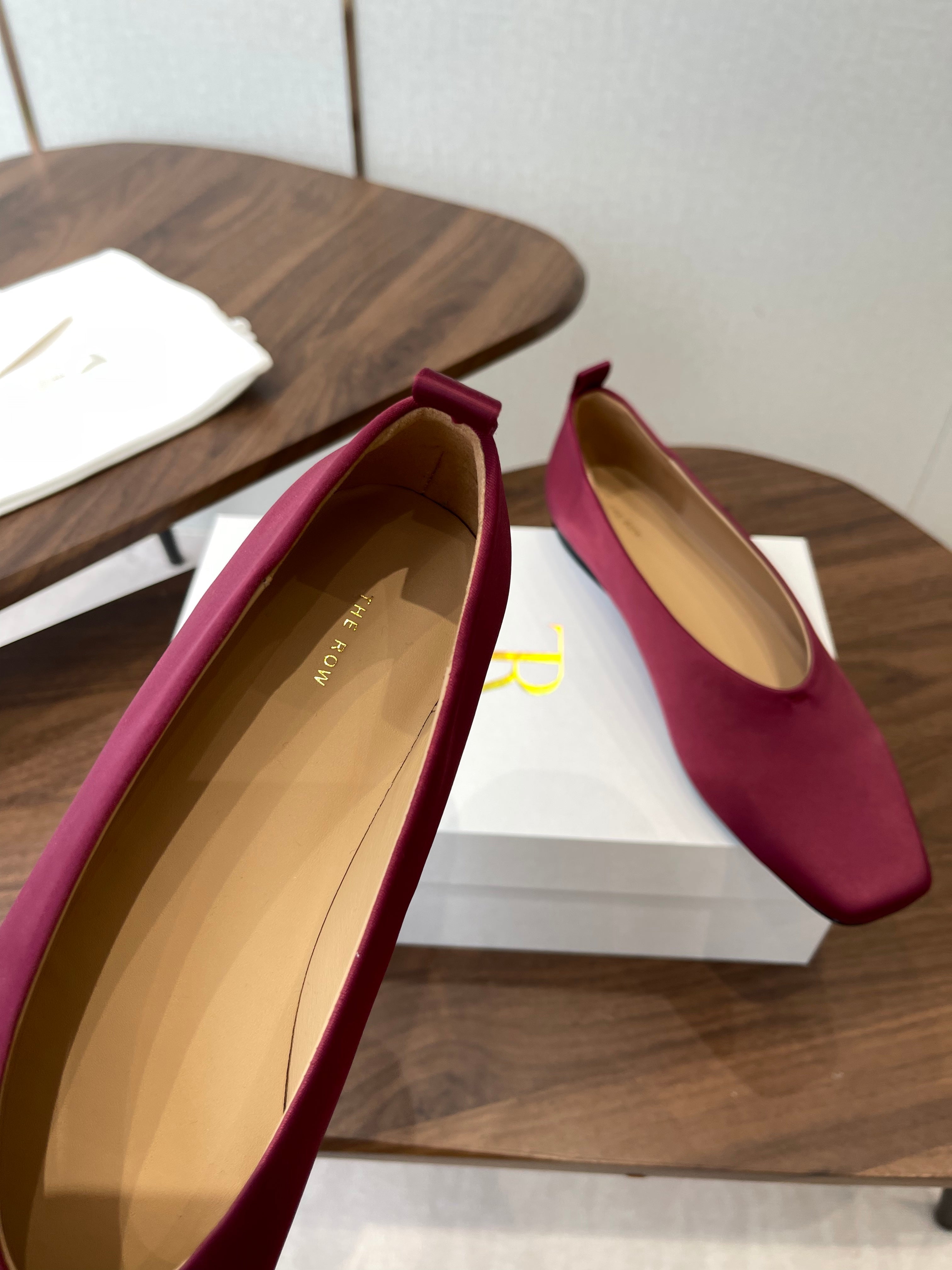 THE ROW 26S SQUARE TOE BALLET FLATS IN WINE RED SATIN