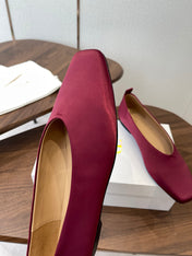 THE ROW 26S SQUARE TOE BALLET FLATS IN WINE RED SATIN