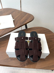 THE ROW 26S GLADIATOR SLIDE SANDALS IN DARK BROWN SUEDE
