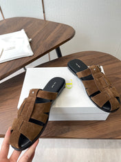 THE ROW 26S GLADIATOR SLIDE SANDALS IN BROWN SUEDE