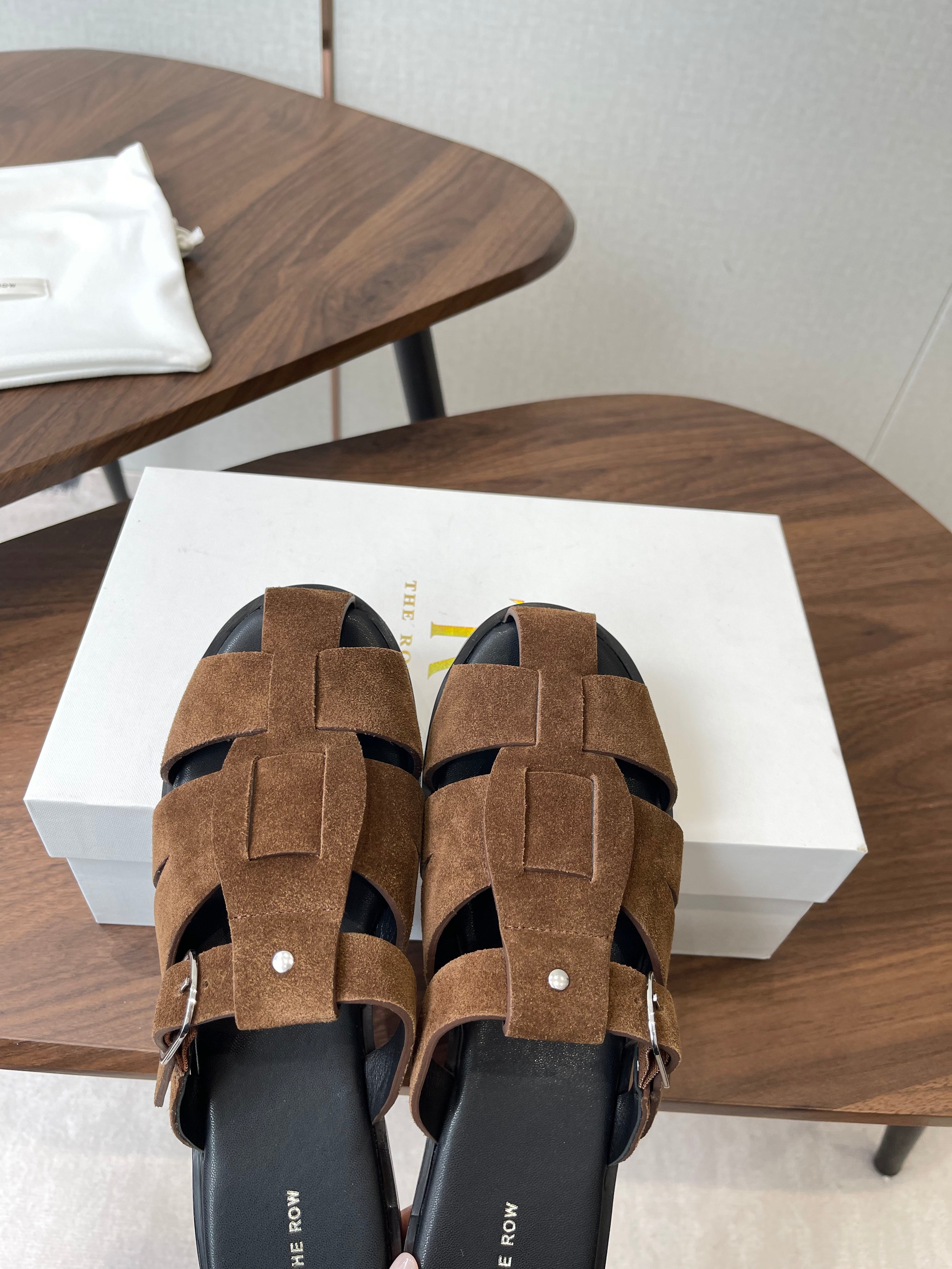 THE ROW 26S GLADIATOR SLIDE SANDALS IN BROWN SUEDE