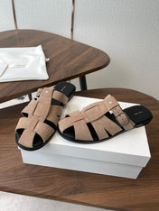 THE ROW 26S GLADIATOR SLIDE SANDALS IN TAUPE BEIGE SUEDE
