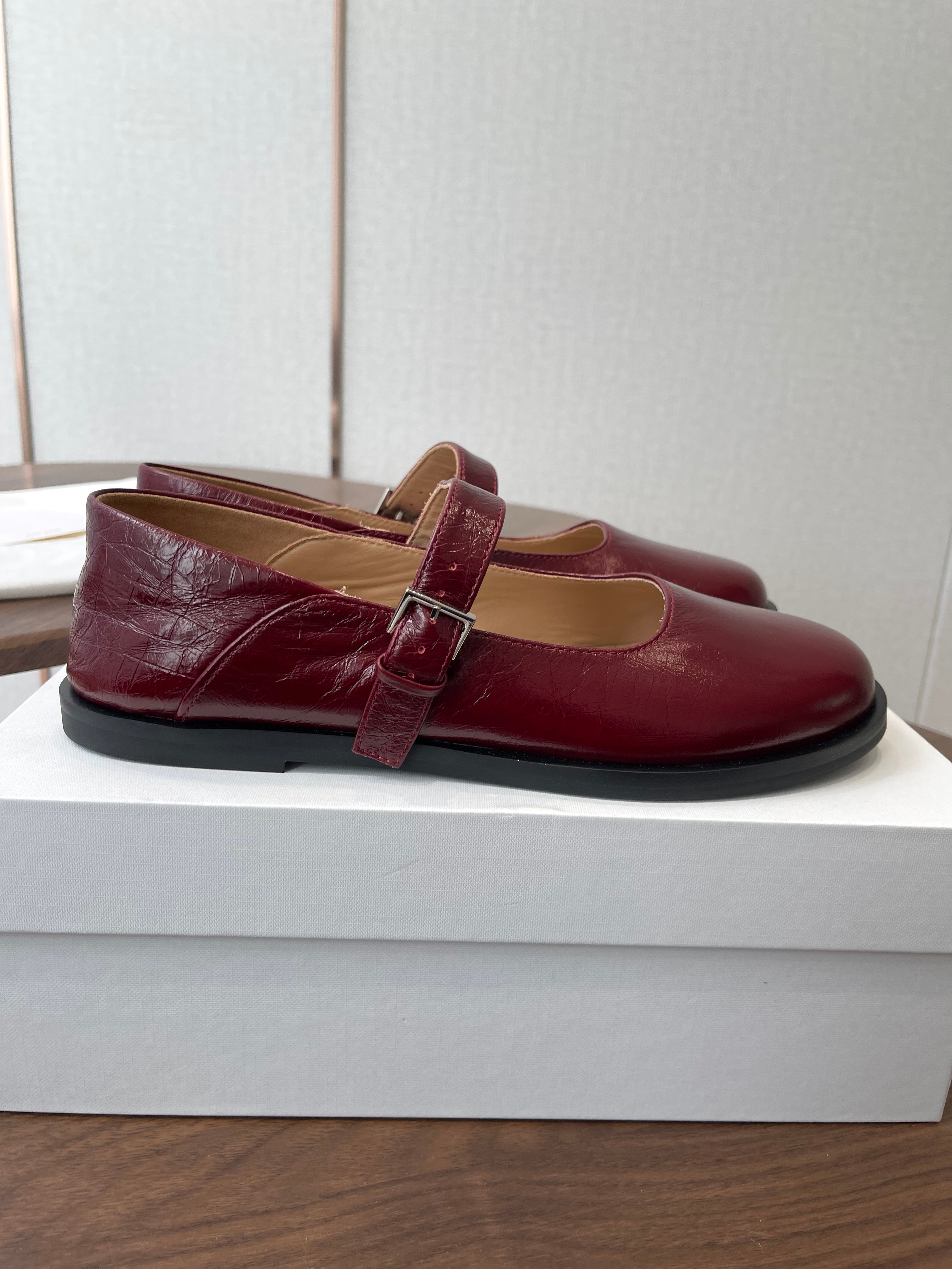 THE ROW 26S MARY JANE FLATS IN DARK RED PATENT CALFSKIN