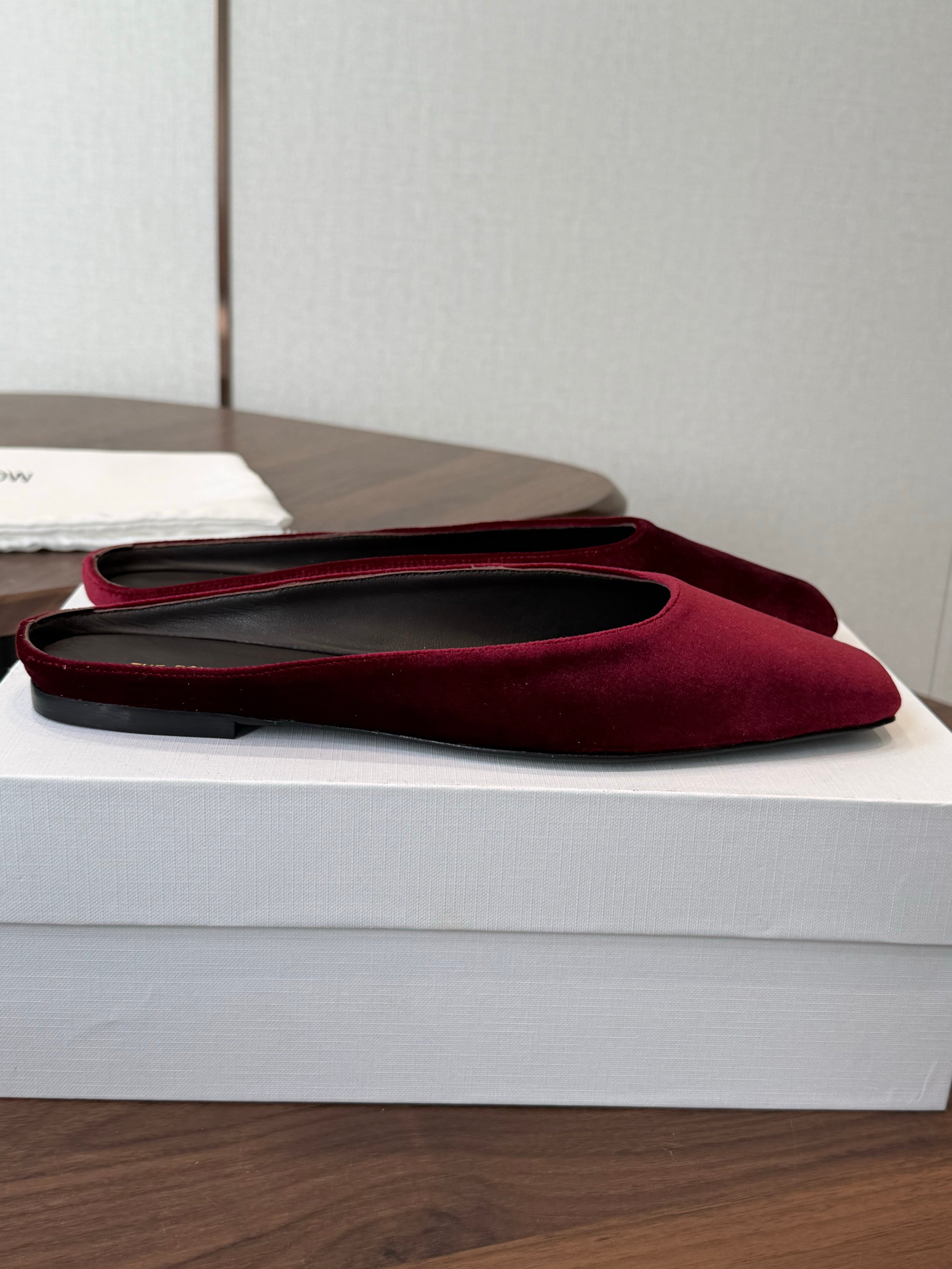 THE ROW 26S POINTED TOE MULES IN BURGUNDY RED VELVET